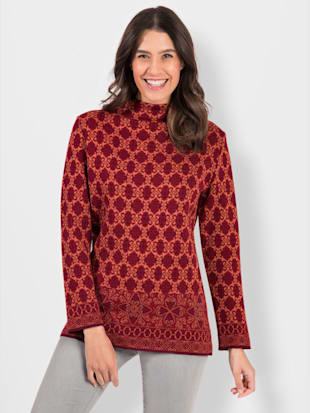 Pull mélange de laine vierge motif jacquard col montant - - Motifs Rouge Foncé