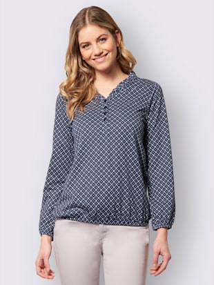 T-shirt col en v volantée manches longues avec ourlet élastique - - Marine-blanc