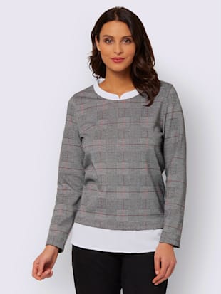 T-shirt 2-en-1 bimatière uni et carreaux manches longues - - Noir-rouge À Carreaux