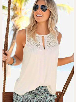 Haut de plage empiècement dentelle transparent aux épaules - LASCANA - Crème