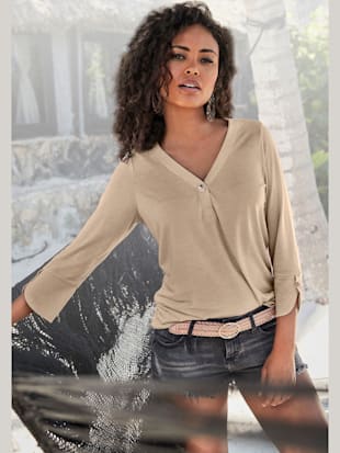 T-shirt à manches 3/4 col v, grand bouton imitation corne - LASCANA - Beige