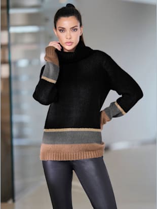 Pull col roulé flatteur - Rick Cardona - Noir-chamois À Motifs