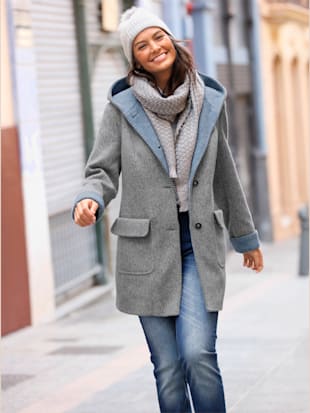 Manteau imitation laine poches plaquées à rabat avec capuche - Collection L - Gris Clair Chiné