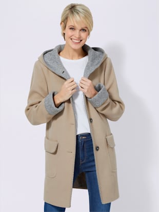 Manteau imitation laine poches plaquées à rabat avec capuche - Collection L - Gris Pierre