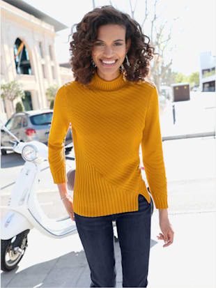 Pull femme col montant côtelé petite fente devant - Collection L - Jaune Curry