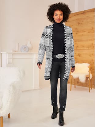 manteau en tricot tricot jacquard de qualité - linea tesini - noir-écru à motifs