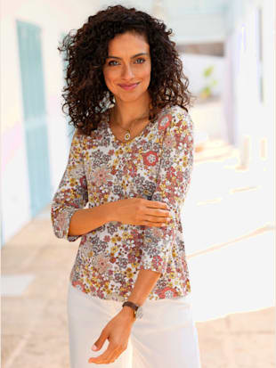 T-shirt+en+v+viscose+-++-+ecru-papaye+imprime