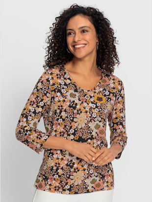 T-shirt+en+v+viscose+-++-+noir-papaye+imprime