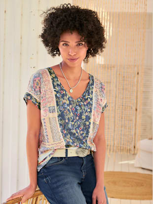 chemisier imprimé patchwork - linea tesini - bleu jean-rose clair imprimé