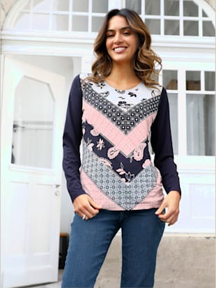 T-shirt à manches longues viscose - - Écru-marine Imprimé