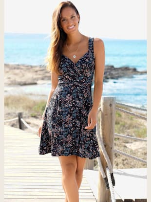 Robe en jersey col v effet cache-cœur - Vivance - Noir-rose Imprimé