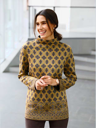 Pull mélange de laine vierge motif jacquard col montant - - Ocre À Motifs