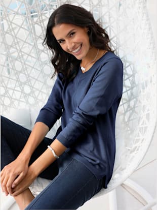 Pull tricoté en coton pima col en v et manches longues avec finitions côtélées - - Marine