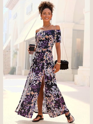 robe longue encolure carmen avec manches courtes - vivance - noir-violet imprimé