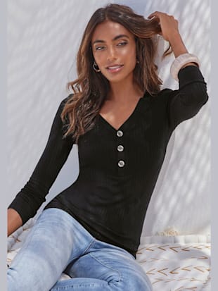 T-shirt manches longues patte de boutonnage devant - LASCANA - Noir