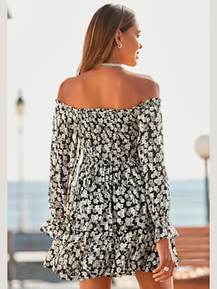 Robe en mousseline encolure carmen tendance - LASCANA - Noir-blanc Imprimé