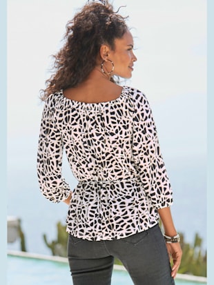 T-shirt carmen élastique doux à l'encolure - LASCANA - Crème-noir Imprimé