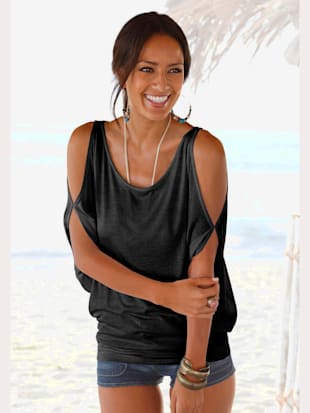 T-shirt de plage coupe affinante, fentes aux manches - LASCANA - Noir