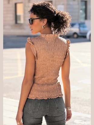 T-shirt à col rond encolure et manches avec volants - Buffalo - Coloris Chamois