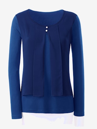 T-shirt bimatière empiècement fluide devant col rond manches longues - - Bleu Roi