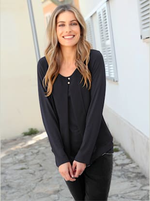 T-shirt bimatière empiècement fluide devant col rond manches longues - - Noir