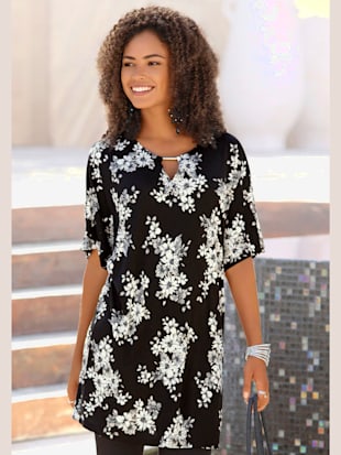 T-shirt long accessoire décoratif à l'encolure trou de serrure - LASCANA - Noir Imprimé