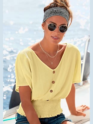 T-shirt en v fausse patte de boutonnage devant - LASCANA - Jaune Pastel