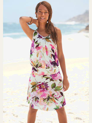 Robe en jersey col v légèrement froncé - Beachtime - Blanc Imprimé