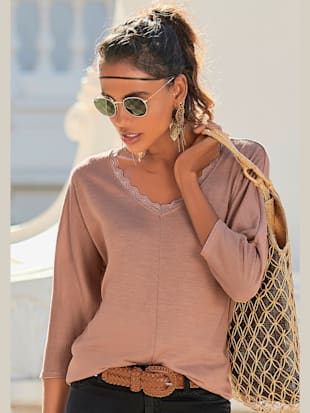 T-shirt à manches 3/4 fine dentelle au col v - LASCANA - Beige