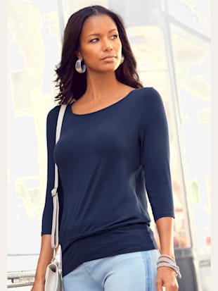 T-shirt à manches 3/4 encolure ronde avec grande découpe au cou - LASCANA - Marine Uni