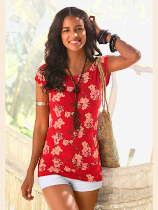 T-shirt long t-shirt lascana au joli imprimé floral - LASCANA - Rouge À Motifs