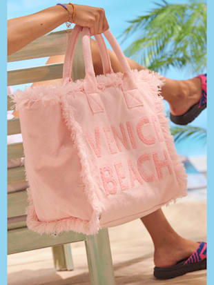 Cabas+sac+de+plage+tendance+effet+eponge+avec+franges+-+Venice+Beach+-+rose
