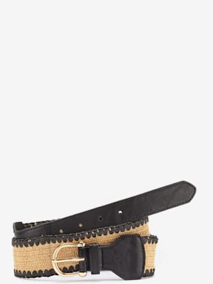 Ceinture+elastique+avec+boucle+doree+et+parties+en+synthetique+-+LASCANA+-+beige/noir
