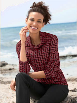 T-shirt col roule manches longues motif losanges - - Rouge-noir À Motifs