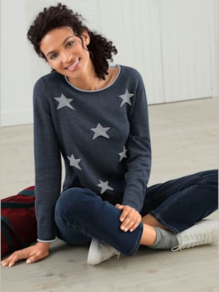 Pull femme intarsia motif étoiles col rond fintions roulottées - Collection L - Bleu Foncé Chiné