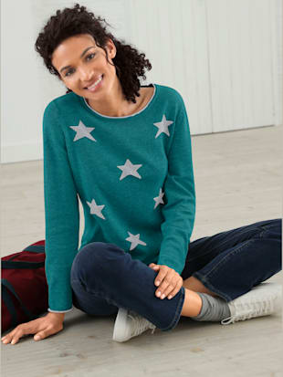 Pull femme intarsia motif étoiles col rond fintions roulottées - Collection L - Bleu Pétrole Chiné