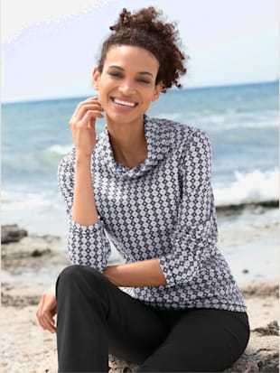 T-shirt col roule manches longues motif losanges - - Blanc-noir À Motifs