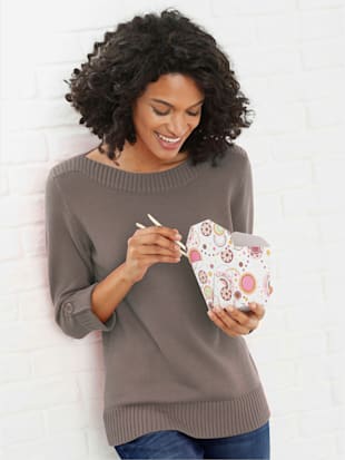 Pull femme manches 3/4 revers boutonnés - Collection L - Taupe Chiné