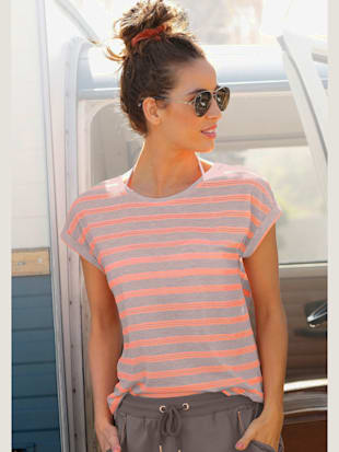 T-shirt à manches courtes rayures sportives -Vivance - Gris Clair Chiné-orange-néon À Rayures