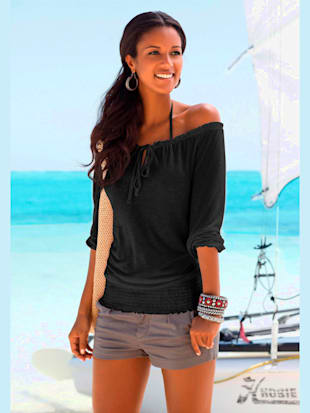 T-shirt carmen empiècement bandeau smocké - LASCANA - Noir