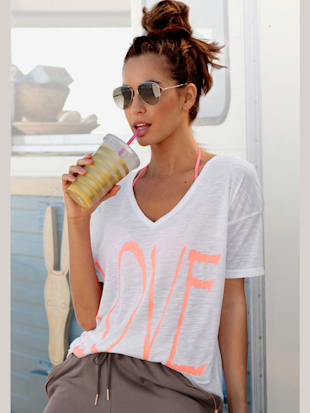 T-shirt en v encolure en v dégagée - Vivance - Blanc-orange Fluo