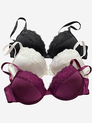 Joli soutien-gorge push-up avec dentelle jacquard douce - petite fleur - Noir + Crème + Mûre