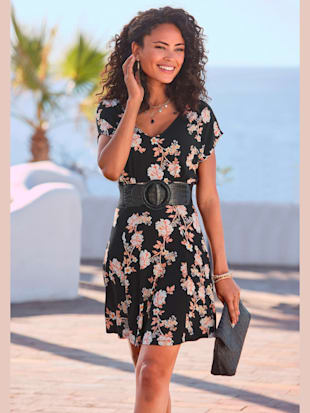 Robe d'été encolure en v dégagée - LASCANA - Noir-orange Imprimé