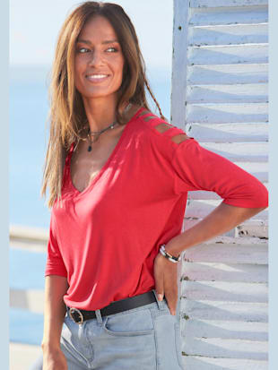 T-shirt à manches 3/4 t-shirt à manches longues avec encolure en v - LASCANA - Rouge Corail