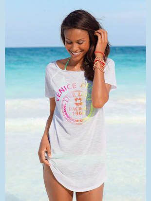 t-shirt long imprimé néon tendance - venice beach - blanc