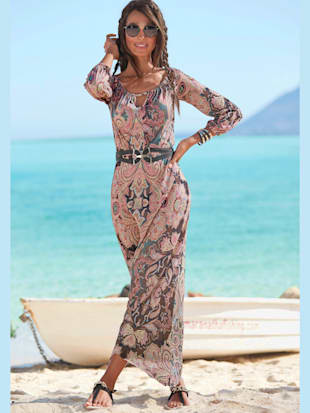 Robe longue encolure carmen tendance - LASCANA - Noir-corail Imprimé