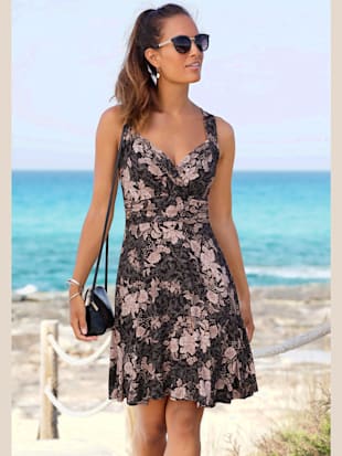 Robe en jersey col v effet cache-cœur - Vivance - Noir-rose Imprimé