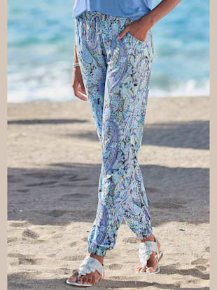 Pantalon en jersey pantalon de plage confortable avec ceinture smockée - LASCANA - Bleu Imprimé