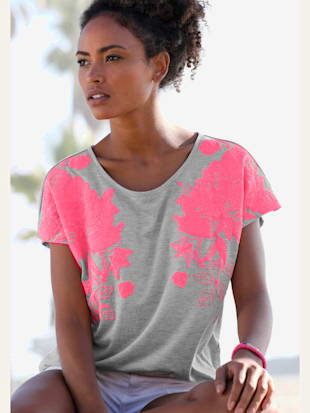 T-shirt imprimé fluo sur les manches - Vivance - Gris Chiné