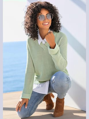 Pull à encolure en v jolie encolure en v avec bordure - LASCANA - Menthe